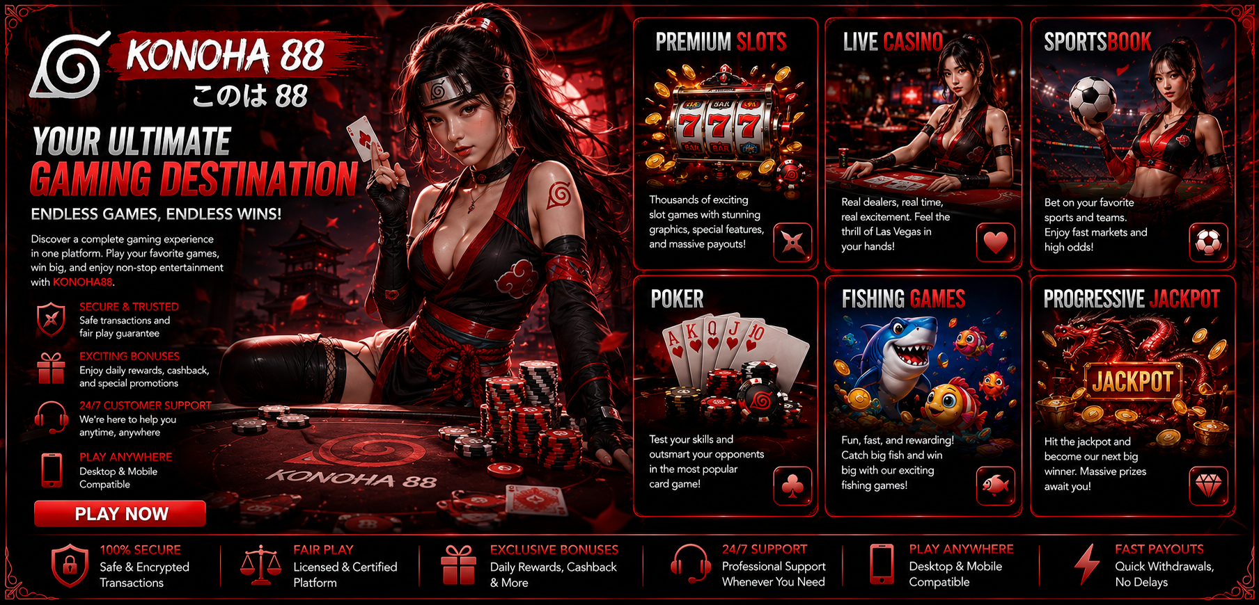 Konoha88 Games - Play Premium Slots, Live Casino, Sportsbook, Poker, Fishing Games & Progressive Jackpot Online